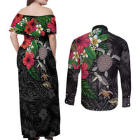 Hawaiian Tropical Plants and Turtles Couples Matching Off Shoulder Maxi Dress and Long Sleeve Button Shirt Polynesian Art Motifs LT03 - Polynesian Pride