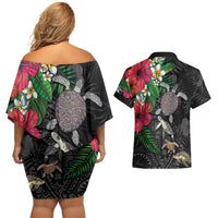 Hawaiian Tropical Plants and Turtles Couples Matching Off Shoulder Short Dress and Hawaiian Shirt Polynesian Art Motifs LT03 - Polynesian Pride