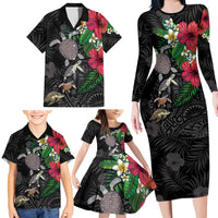Hawaiian Tropical Plants and Turtles Family Matching Long Sleeve Bodycon Dress and Hawaiian Shirt Polynesian Art Motifs LT03 - Polynesian Pride