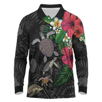 Hawaiian Tropical Plants and Turtles Long Sleeve Polo Shirt Polynesian Art Motifs LT03 Black - Polynesian Pride