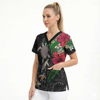 Hawaiian Tropical Plants and Turtles Scrub Top Polynesian Art Motifs