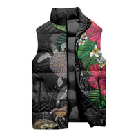Hawaiian Tropical Plants and Turtles Sleeveless Puffer Jacket Polynesian Art Motifs