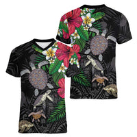 Hawaiian Tropical Plants and Turtles Women V-Neck T-Shirt Polynesian Art Motifs LT03 - Polynesian Pride