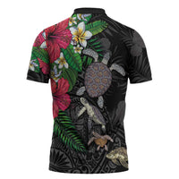 Hawaiian Tropical Plants and Turtles Zipper Polo Shirt Polynesian Art Motifs LT03 - Polynesian Pride