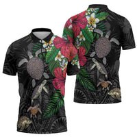 Hawaiian Tropical Plants and Turtles Zipper Polo Shirt Polynesian Art Motifs LT03 - Polynesian Pride