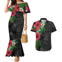 Hawaiian Tropical Plants Couples Matching Mermaid Dress and Hawaiian Shirt Kakau Tattoo and Polynesian Pattern Half Black Color LT03 Black - Polynesian Pride