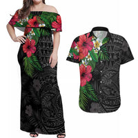 Hawaiian Tropical Plants Couples Matching Off Shoulder Maxi Dress and Hawaiian Shirt Kakau Tattoo and Polynesian Pattern Half Black Color LT03 Black - Polynesian Pride