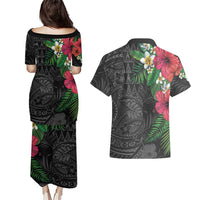 Hawaiian Tropical Plants Couples Matching Puletasi and Hawaiian Shirt Kakau Tattoo and Polynesian Pattern Half Black Color LT03 - Polynesian Pride