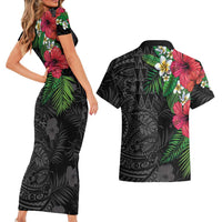 Hawaiian Tropical Plants Couples Matching Short Sleeve Bodycon Dress and Hawaiian Shirt Kakau Tattoo and Polynesian Pattern Half Black Color LT03 - Polynesian Pride