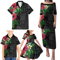 Hawaiian Tropical Plants Family Matching Puletasi and Hawaiian Shirt Kakau Tattoo and Polynesian Pattern Half Black Color LT03 - Polynesian Pride