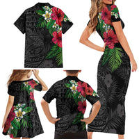 Hawaiian Tropical Plants Family Matching Short Sleeve Bodycon Dress and Hawaiian Shirt Kakau Tattoo and Polynesian Pattern Half Black Color LT03 - Polynesian Pride