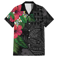 Hawaiian Tropical Plants Family Matching Short Sleeve Bodycon Dress and Hawaiian Shirt Kakau Tattoo and Polynesian Pattern Half Black Color LT03 Dad's Shirt - Short Sleeve Black - Polynesian Pride