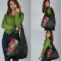 Hawaiian Tropical Plants Grocery Bag Kakau Tattoo and Polynesian Pattern Half Black Color