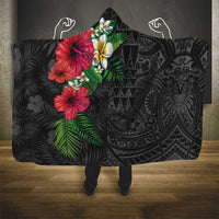 Hawaiian Tropical Plants Hooded Blanket Kakau Tattoo and Polynesian Pattern Half Black Color