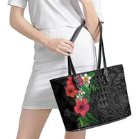 Hawaiian Tropical Plants Leather Tote Bag Kakau Tattoo and Polynesian Pattern Half Black Color