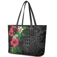Hawaiian Tropical Plants Leather Tote Bag Kakau Tattoo and Polynesian Pattern Half Black Color