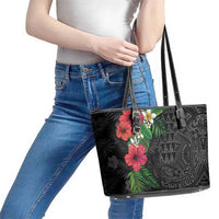 Hawaiian Tropical Plants Leather Tote Bag Kakau Tattoo and Polynesian Pattern Half Black Color