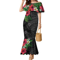 Hawaiian Tropical Plants Mermaid Dress Kakau Tattoo and Polynesian Pattern Half Black Color