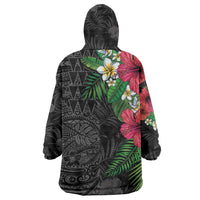 Hawaiian Tropical Plants Wearable Blanket Hoodie Kakau Tattoo and Polynesian Pattern Half Black Color