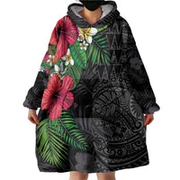 Hawaiian Tropical Plants Wearable Blanket Hoodie Kakau Tattoo and Polynesian Pattern Half Black Color