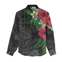 Hawaiian Tropical Plants Women Casual Shirt Kakau Tattoo and Polynesian Pattern Half Black Color LT03 - Polynesian Pride