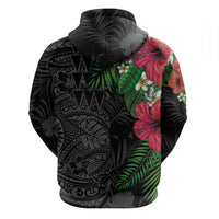 Hawaiian Tropical Plants Zip Hoodie Kakau Tattoo and Polynesian Pattern Half Black Color
