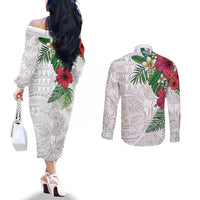Hawaiian Tropical Plants Couples Matching Off The Shoulder Long Sleeve Dress and Long Sleeve Button Shirt Kakau Tattoo and Polynesian Pattern Half White Color LT03 - Polynesian Pride