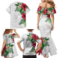 Hawaiian Tropical Plants Family Matching Mermaid Dress and Hawaiian Shirt Kakau Tattoo and Polynesian Pattern Half White Color