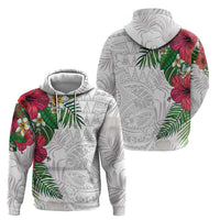Hawaiian Tropical Plants Hoodie Kakau Tattoo and Polynesian Pattern Half White Color