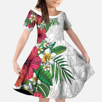 Hawaiian Tropical Plants Kid Short Sleeve Dress Kakau Tattoo and Polynesian Pattern Half White Color