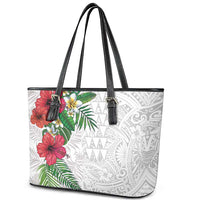 Hawaiian Tropical Plants Leather Tote Bag Kakau Tattoo and Polynesian Pattern Half White Color