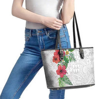 Hawaiian Tropical Plants Leather Tote Bag Kakau Tattoo and Polynesian Pattern Half White Color