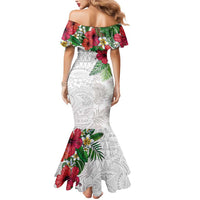 Hawaiian Tropical Plants Mermaid Dress Kakau Tattoo and Polynesian Pattern Half White Color