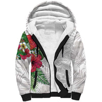 Hawaiian Tropical Plants Sherpa Hoodie Kakau Tattoo and Polynesian Pattern Half White Color