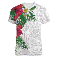 Hawaiian Tropical Plants Women V-Neck T-Shirt Kakau Tattoo and Polynesian Pattern Half White Color LT03 Female White - Polynesian Pride