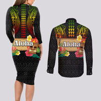 Hawaiian Elements and Polynesian Tattoo Couples Matching Long Sleeve Bodycon Dress and Long Sleeve Button Shirt LT03 - Polynesian Pride