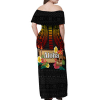 Hawaii Pan-Pacific Festival Off Shoulder Maxi Dress Hawaiian Elements and Polynesian Tattoo