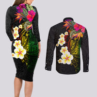 Hawaii Plumeria Couples Matching Long Sleeve Bodycon Dress and Long Sleeve Button Shirt Polynesian Tattoo and Hibiscus LT03 - Polynesian Pride