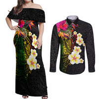 Hawaii Plumeria Couples Matching Off Shoulder Maxi Dress and Long Sleeve Button Shirt Polynesian Tattoo and Hibiscus LT03 Black - Polynesian Pride