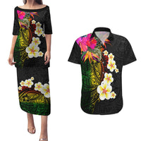 Hawaii Plumeria Couples Matching Puletasi and Hawaiian Shirt Polynesian Tattoo and Hibiscus LT03 Black - Polynesian Pride