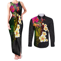 Hawaii Plumeria Couples Matching Tank Maxi Dress and Long Sleeve Button Shirt Polynesian Tattoo and Hibiscus LT03 Black - Polynesian Pride