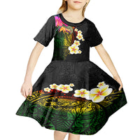 Hawaii Plumeria Kid Short Sleeve Dress Polynesian Tattoo and Hibiscus