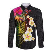 Hawaii Plumeria Long Sleeve Button Shirt Polynesian Tattoo and Hibiscus LT03 Unisex Black - Polynesian Pride