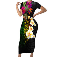 Hawaii Plumeria Short Sleeve Bodycon Dress Polynesian Tattoo and Hibiscus