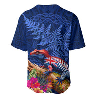 New Zealand Tuatara Baseball Jersey Silver Fern Hibiscus and Tribal Maori Pattern Blue Color LT03 - Polynesian Pride