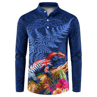New Zealand Tuatara Button Sweatshirt Silver Fern Hibiscus and Tribal Maori Pattern Blue Color LT03 Blue - Polynesian Pride