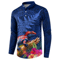New Zealand Tuatara Button Sweatshirt Silver Fern Hibiscus and Tribal Maori Pattern Blue Color LT03 - Polynesian Pride