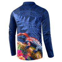 New Zealand Tuatara Button Sweatshirt Silver Fern Hibiscus and Tribal Maori Pattern Blue Color LT03 - Polynesian Pride