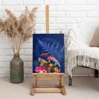 New Zealand Tuatara Canvas Wall Art Silver Fern Hibiscus and Tribal Maori Pattern Blue Color LT03 - Polynesian Pride