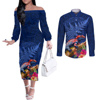 New Zealand Tuatara Couples Matching Off The Shoulder Long Sleeve Dress and Long Sleeve Button Shirt Silver Fern Hibiscus and Tribal Maori Pattern Blue Color LT03 Blue - Polynesian Pride